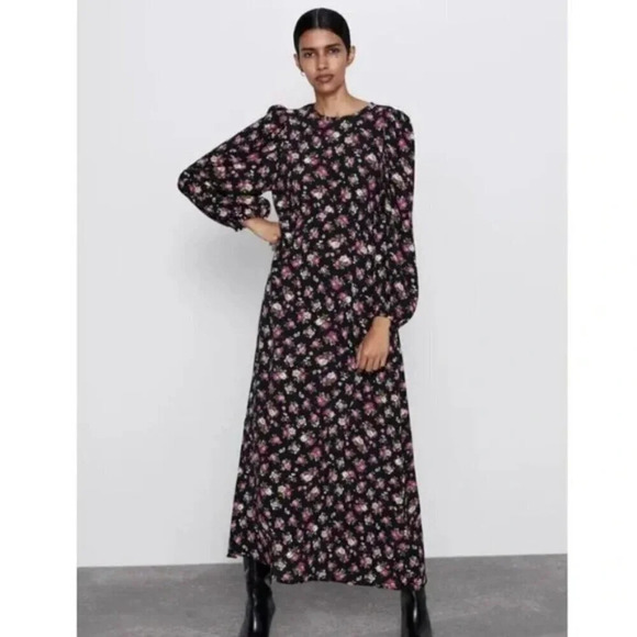 Zara Floral Print Midi Dress Black Pink Size Small - Picture 3 of 8